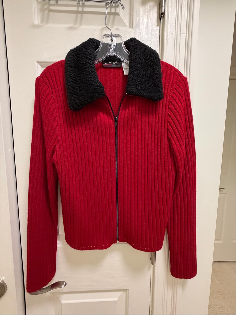 Red Ribbed Zip Front Jacket with Black Sherpa Collar